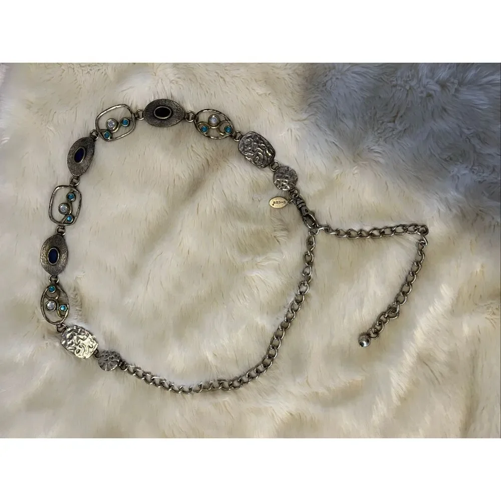 Chico's statement belt mixed-metal design oval-shaped cabochons dark blue